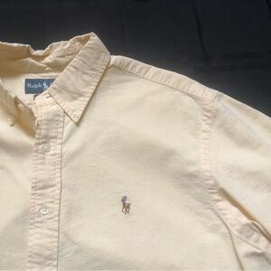 Polo Ralph Lauren Shirt Mens Large Yellow OCBD Flesh Pony Short Sleeve Vtg